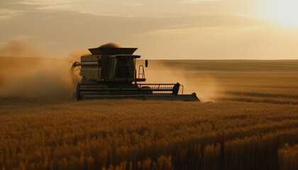 Fototapeta premium Ripe wheat harvested at sunset with machinery generated by AI