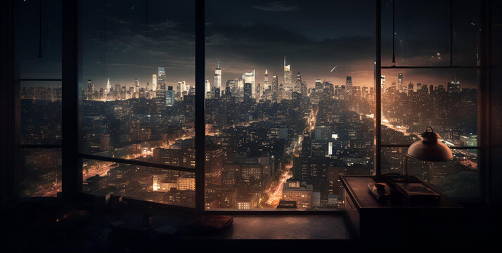 Generative AI background of a cityscape skyline showing the city with bright lights out of a modern window