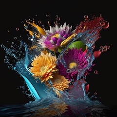 Colorful flowers in numerous splashes of water