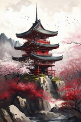Japanese Temple with Red Sakura Petals Watercolor Wallpaper