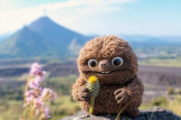 Obraz premium Plush animal toy with a flower. Beautiful mountains in the background. Generative AI illustration