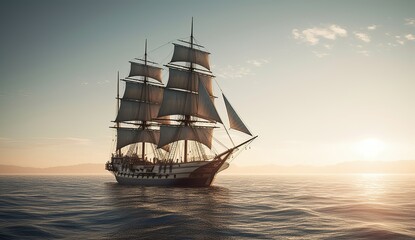 Fototapeta premium Old sailing ship floats through the sea. Generative AI 