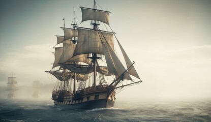 Old sailing ship floats through the sea. Generative AI 
 - obrazy, fototapety, plakaty