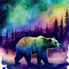 Magical Bear in Watercolor with Aurora Borealis Background