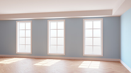 Sunny Interior of the Light Blue Room with Three Large Windows, Light Glossy Herringbone Parquet Floor and a white Plinth. Beautiful Concept of the Empty Room. 3D illustration, Ultra HD 8K, 7680x4320