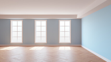 Fototapeta na wymiar Light Blue Interior with a White Ceiling and Cornice, Glossy Herringbone Parquet Floor, Three Large Windows and a White Plinth. Sunny Beautiful Interior. 3D illustration, 8K Ultra HD, 7680x4320