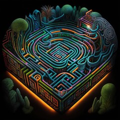 Neon Watercolor Alebrije Labyrinth: Ultradetailed