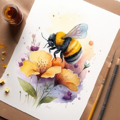 Bumblebee and Flower in Watercolor Pixar Style
