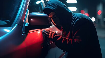 Car thief in mask tries to open car door for stealing transportation at night lighting, anonymous motor vehicle theft use auto theft tools stealing auto transportation, generative AI - obrazy, fototapety, plakaty