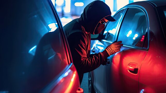 Car thief in mask tries to open car door for stealing transportation at night lighting, anonymous motor vehicle theft use auto theft tools stealing auto transportation, generative AI