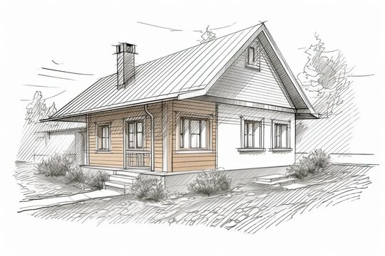 Hand drawn style architectural sketch detached house. Generative AI