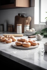 Homemade Glazed donuts  on a board in a white kitchen  - Generative AI