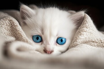 A cute bright cat with blue eyes wrapped in a blanket. generative ai.