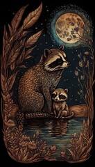 Raccoon Family on a Moonlit Pond: A Pyrography and Woodburning Artwork