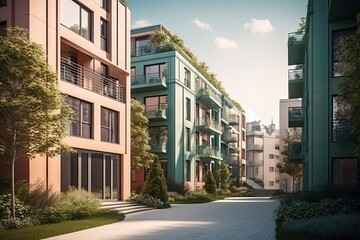 Architectural concept of a green ecological estate with apartment blocks. Genetrative AI