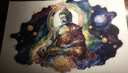 Buddha of the Cosmos and Stars - Watercolor and Pen Art
