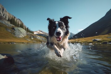 A happy Border Collie dog running out of a mountain lake with water splashes and a scenic nature background