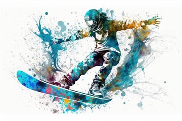 Fototapeta na wymiar Abstract Snowboarder Sticker in Watercolor Splash Style