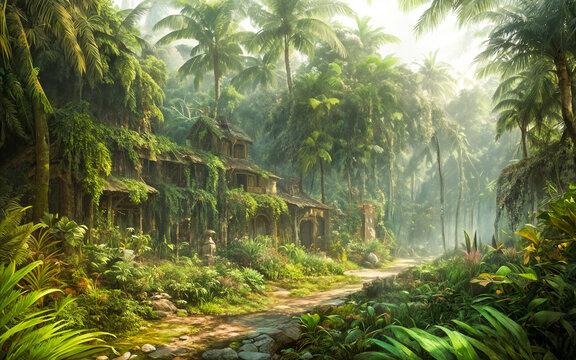Green prehistoric jungle with lush vegetation and house