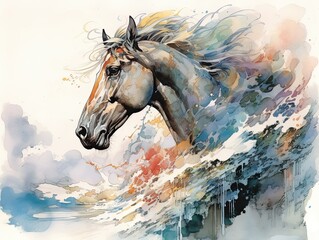 horse in water. Illustration in oil painting style.