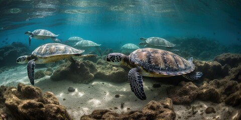 Obraz premium A group of sea turtles swimming together in crystal-clear waters, concept of Biodiversity conservation, created with Generative AI technology