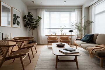 Fototapeta na wymiar Modern interior in light colors. Living room with furniture and plants. Generative AI