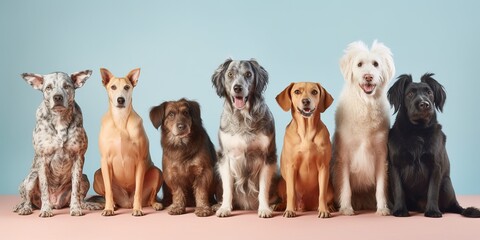 A group of different breed dogs isolated on turquoise background - Generative AI