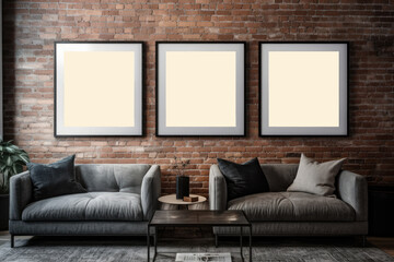 Interior in a loft style with three white mockup frames on the wall. Generative AI