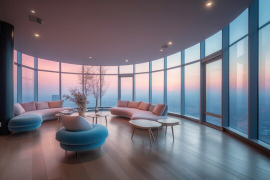 Modern interior in pink and blue colors. Apartment design with large windows. Generative AI