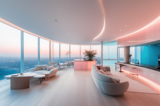 Modern interior in pink and blue colors. Apartment design with large windows. Generative AI