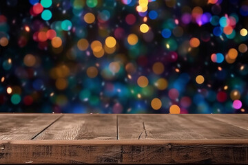 Colorful lights and dots with blurred background with empty wooden table with free space for product display and mockup, copy space, small depth of field, ai generated – human enhanced