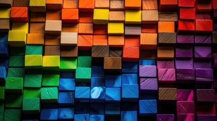 Bright cubes of wood. Spectrum of stacked colorful wooden blocks. Generative AI