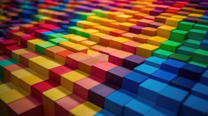 Fototapeta na wymiar Bright cubes of wood. Spectrum of stacked colorful wooden blocks. Generative AI