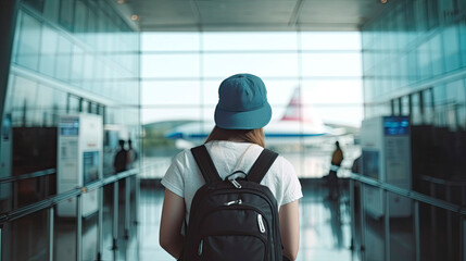 Back view of young traveller woman with suitcase standing in airport terminal. Generative AI