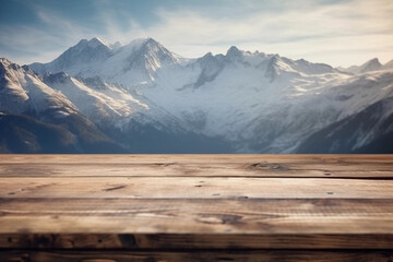 big mountains covered in snow and forest in winter,   blurred background with empty wooden table with free space for product display and mockup, copy space, small depth of field, ai generated