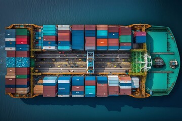 Industrial cargo container ship in the ocean. Top-down aerial illustration in bright colors