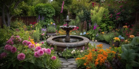 Fototapeta na wymiar A lush backyard garden with a bubbling fountain and colorful flowers, concept of Natural harmony, created with Generative AI technology