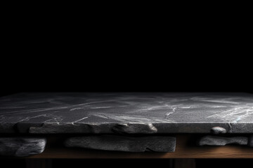 black blurred background with empty marble table with free space for product display and mockup, copy space, small depth of field, ai generated – human enhanced