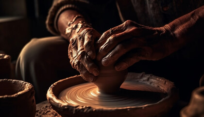 Craftsperson turning clay on pottery wheel, creating vase generated by AI - obrazy, fototapety, plakaty