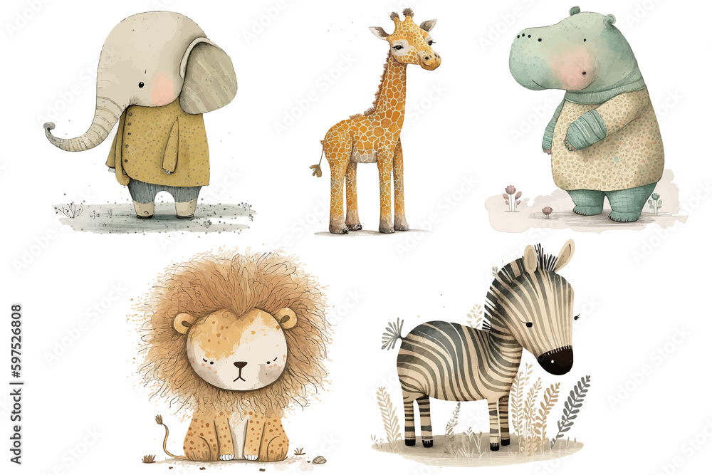 Sticker Safari Animal set elephant, hippo, giraffe, lion and zebra in 3d style. Isolated . Generative AI