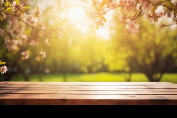 Naklejka na ściany i meble Summer garden with flowering tree and blurred background with empty wooden table with free space for product display and mockup, copy space, small depth of field, ai generated – human enhanced