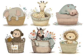 Safari Animal set lion, elephant, giraffe, hippopotamus, zebra, monkey sitting in a basket in 3d style. Isolated . Generative AI