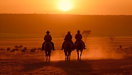 Fototapeta na wymiar Silhouette of men riding horses at sunset generated by AI