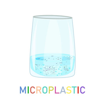 Glass with water and microplastic on white background. Water contaminated with micro plastics. Detection harmful substances in water.Polluted ocean problem.Drinking water pollution.Vector illustration