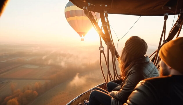 Men and women enjoy carefree hot air balloon adventure generated by AI