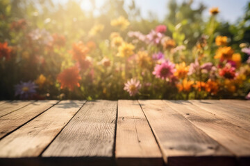Naklejka na ściany i meble Summer garden with colorful flowers during sunset. blurred background with empty wooden table with free space for product display and mockup, copy space, small depth of field, ai generated