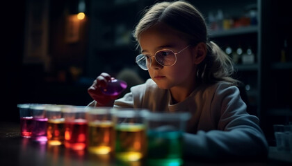 Cute Caucasian girl learning science, mixing liquid generated by AI