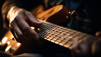 Caucasian guitarist playing acoustic guitar, plucking strings generated by AI