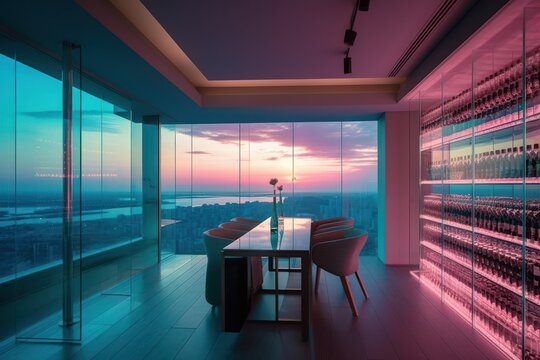 Modern interior in pink and blue colors. Apartment design with large windows. Generative AI