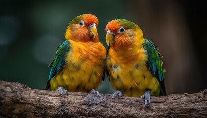 Vibrant macaws perching on branch in nature generated by AI